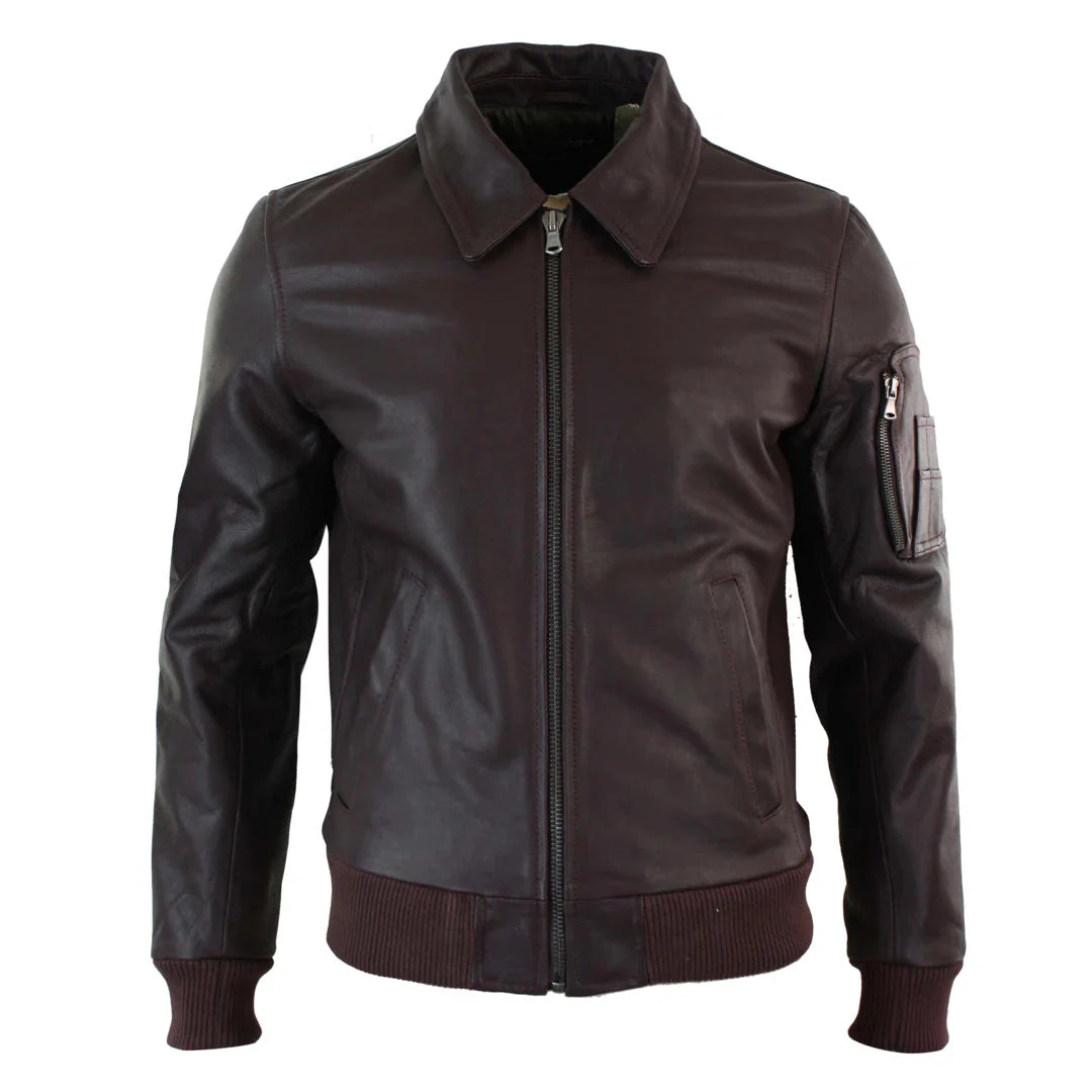 Chaqueta bomber clásica de cuero Harrington color burdeos para hombre