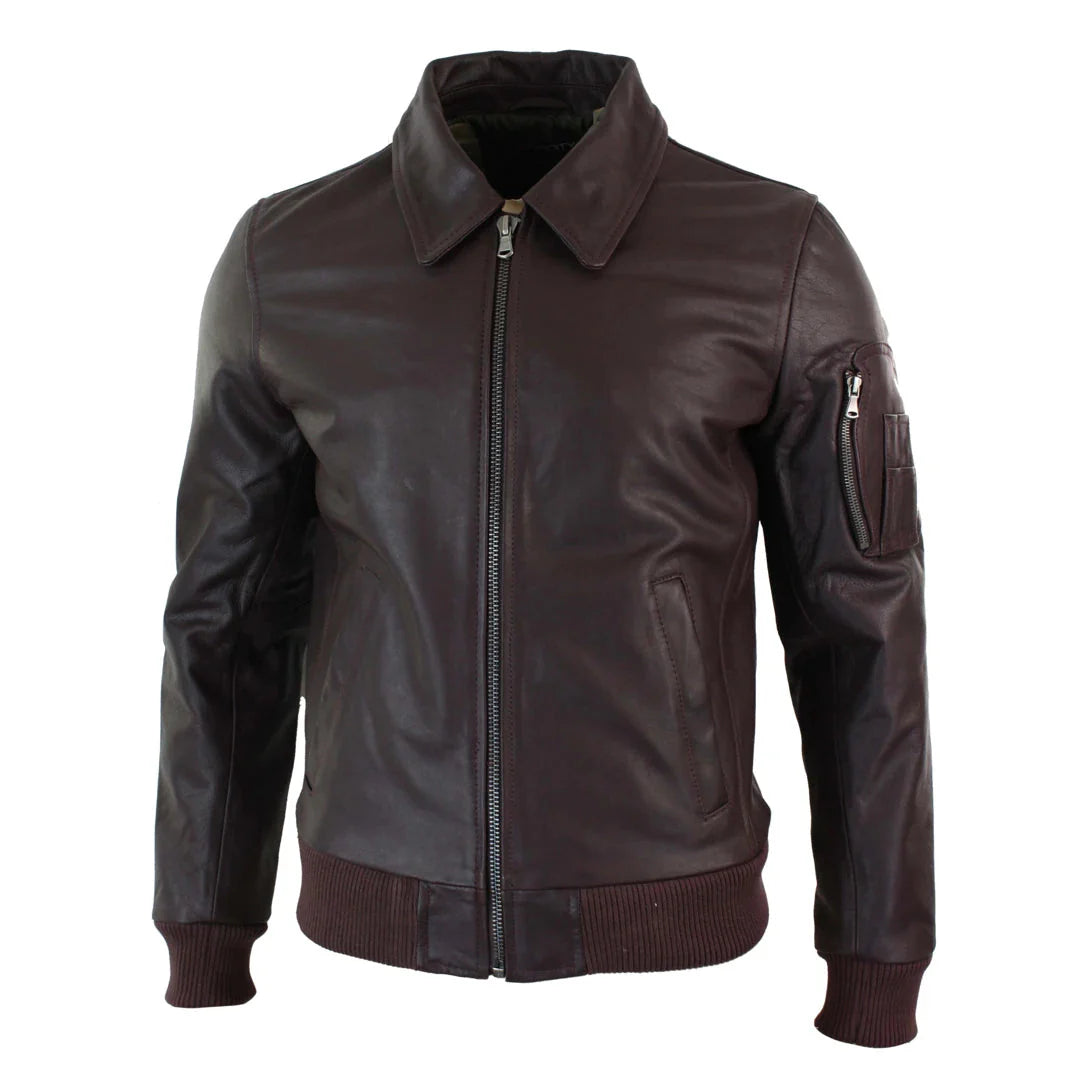 Chaqueta bomber clásica de cuero Harrington color burdeos para hombre