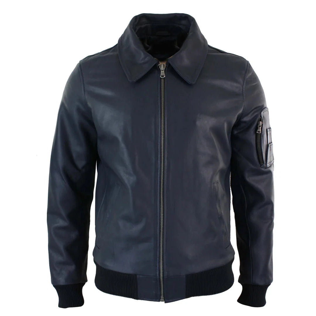 Chaqueta bomber clásica de piloto Harrington azul marino de cuero para hombre