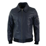 Chaqueta bomber clásica de piloto Harrington azul marino de cuero para hombre