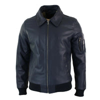 Chaqueta bomber clásica de piloto Harrington azul marino de cuero para hombre
