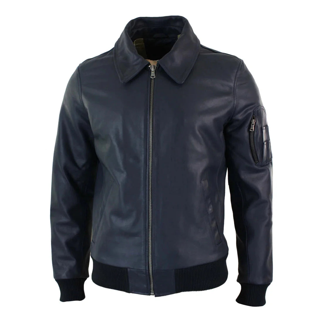 Chaqueta bomber clásica de piloto Harrington azul marino de cuero para hombre