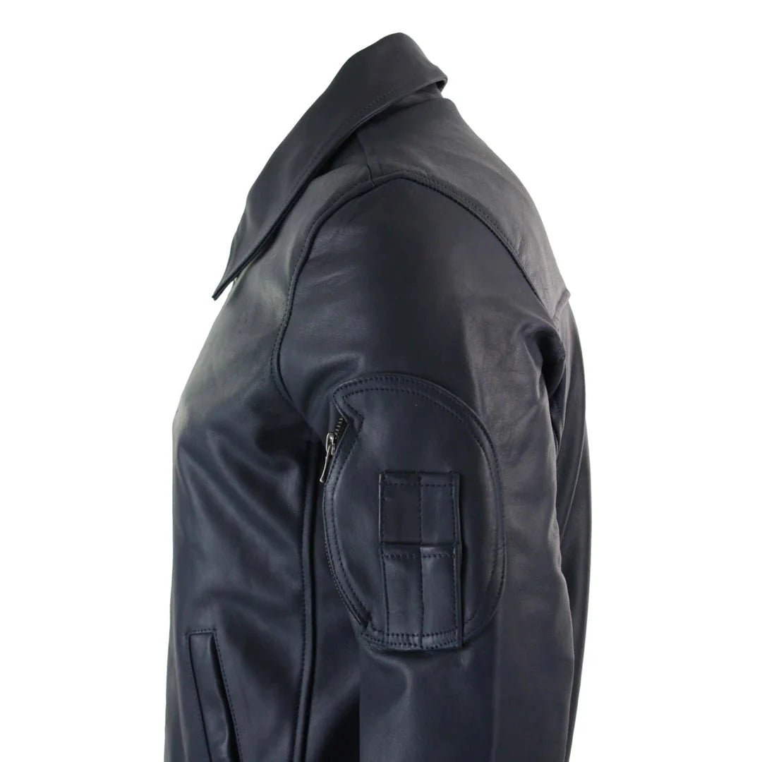 Chaqueta bomber clásica de piloto Harrington azul marino de cuero para hombre