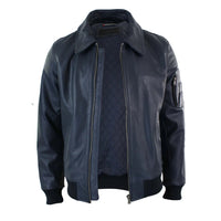 Chaqueta bomber clásica de piloto Harrington azul marino de cuero para hombre