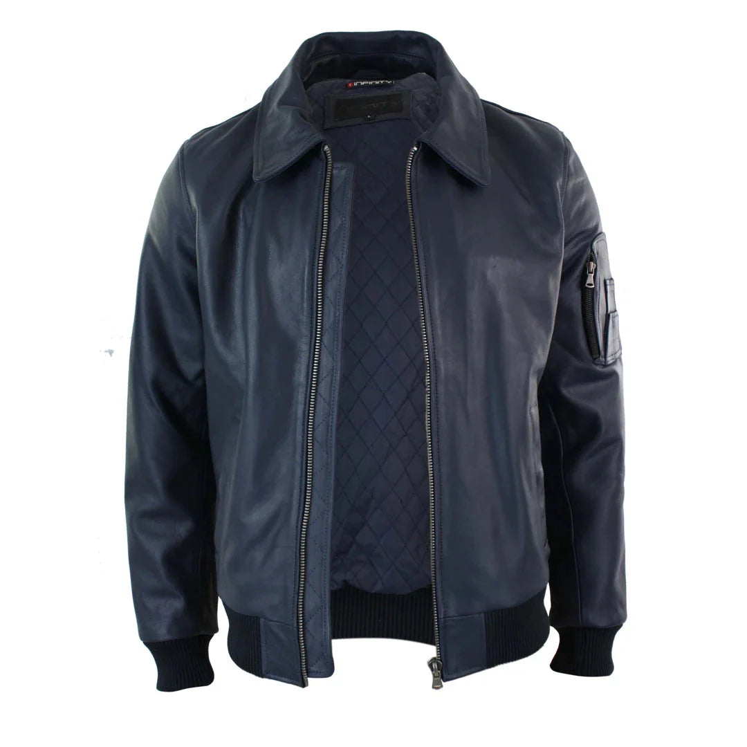 Chaqueta bomber clásica de piloto Harrington azul marino de cuero para hombre