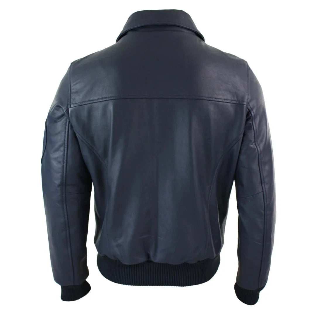 Chaqueta bomber clásica de piloto Harrington azul marino de cuero para hombre