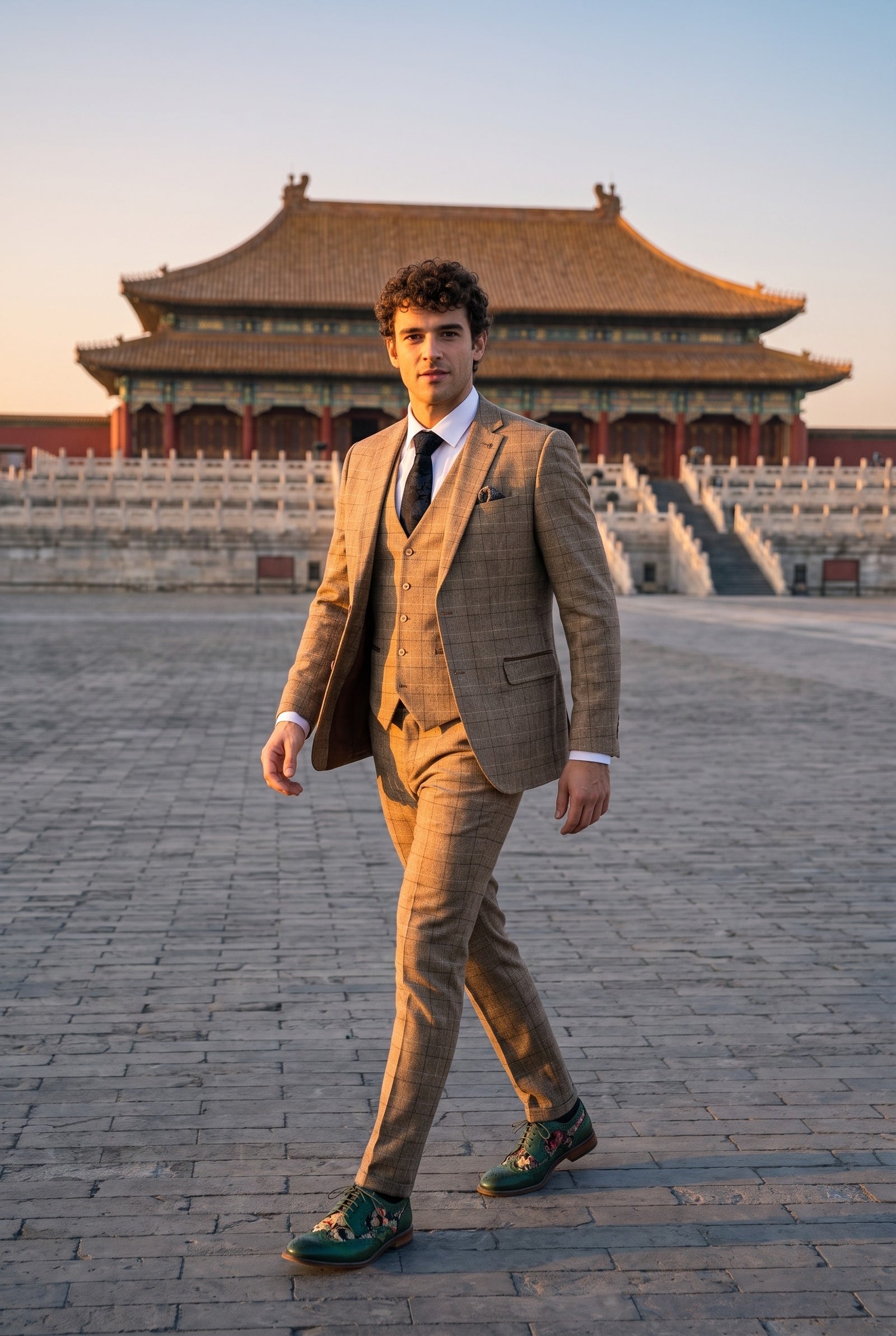 Look #278 styled with Liam - Traje de tres piezas a cuadros marrones para hombre