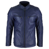 Chaqueta de motorista para hombre de cuero auténtico, corte entallado - Azul marino