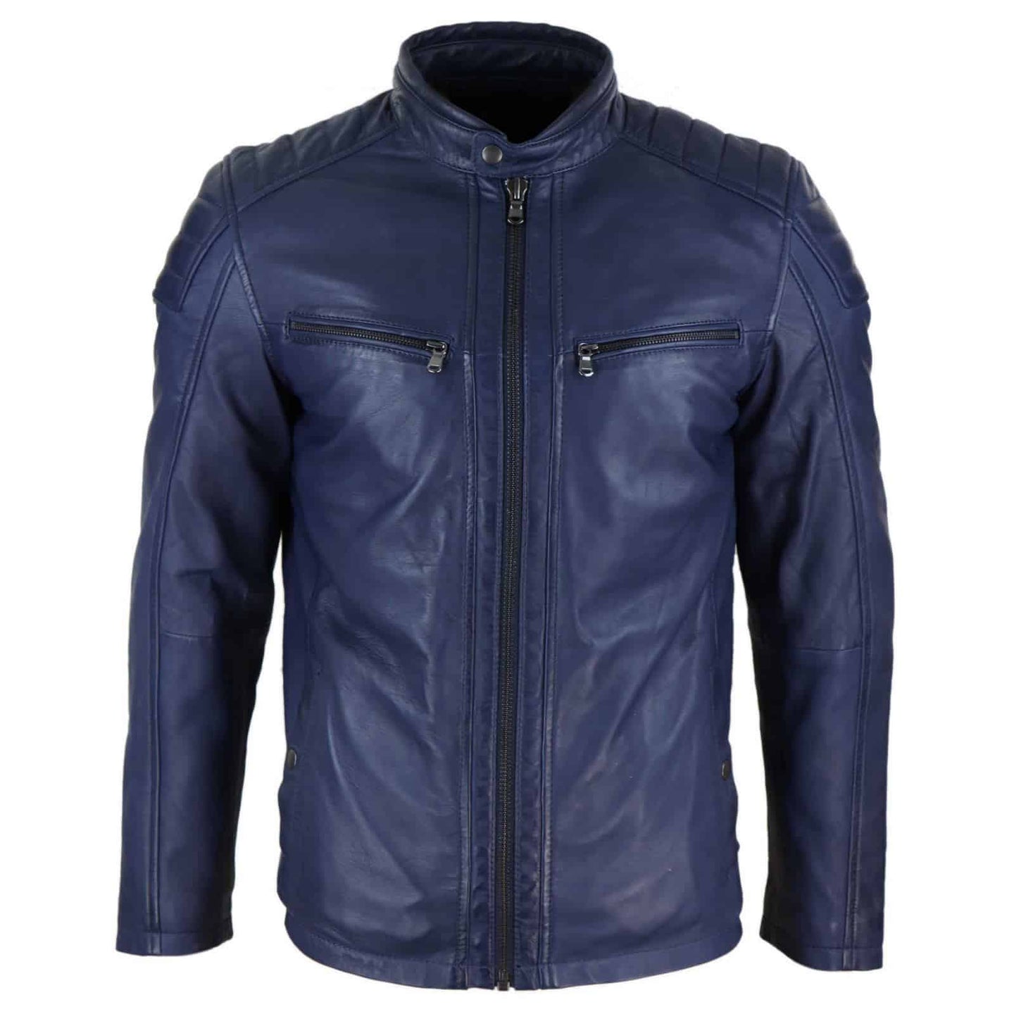 Chaqueta de motorista para hombre de cuero auténtico, corte entallado - Azul marino