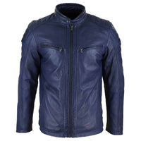 Chaqueta de motorista para hombre de cuero auténtico, corte entallado - Azul marino