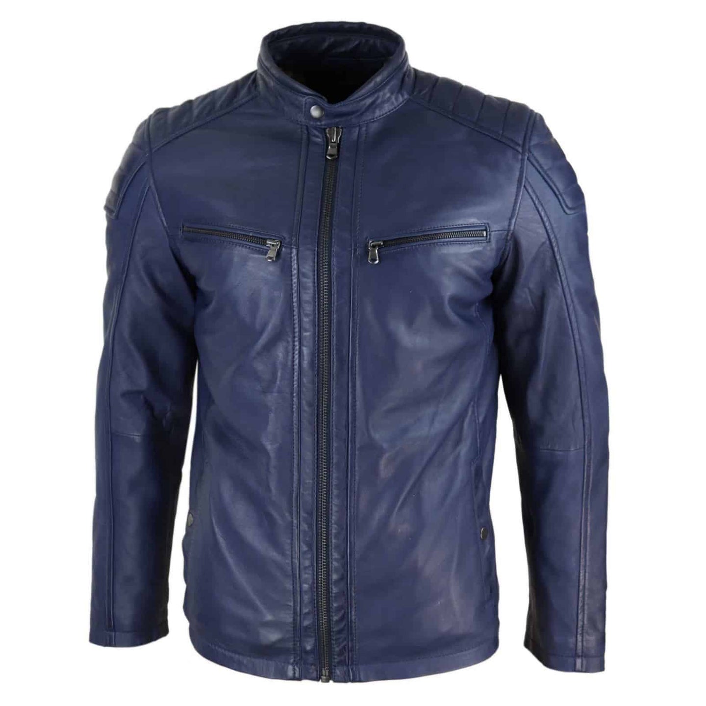 Chaqueta de motorista para hombre de cuero auténtico, corte entallado - Azul marino