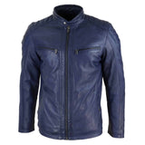 Chaqueta de motorista para hombre de cuero auténtico, corte entallado - Azul marino