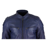 Chaqueta de motorista para hombre de cuero auténtico, corte entallado - Azul marino