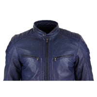 Chaqueta de motorista para hombre de cuero auténtico, corte entallado - Azul marino