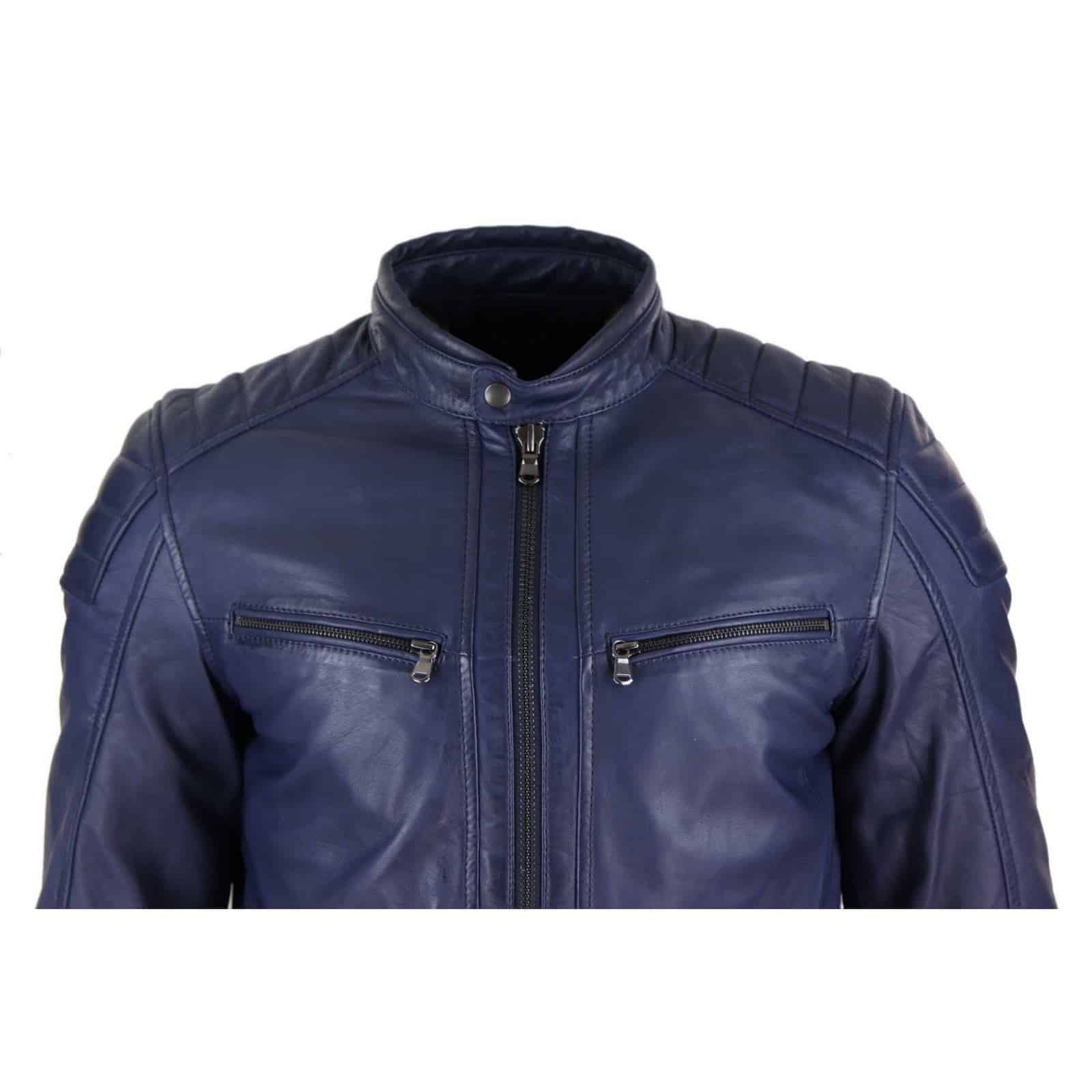 Chaqueta de motorista para hombre de cuero auténtico, corte entallado - Azul marino