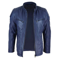 Chaqueta de motorista para hombre de cuero auténtico, corte entallado - Azul marino