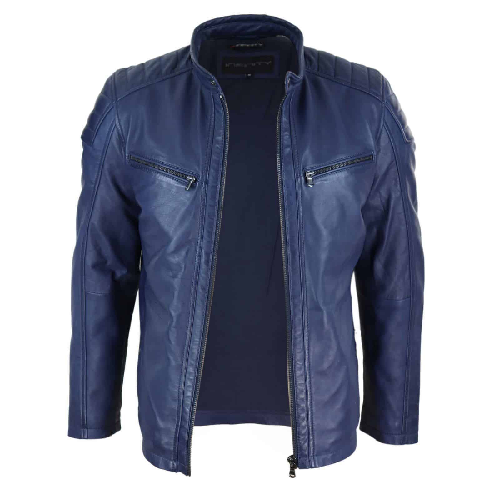 Chaqueta de motorista para hombre de cuero auténtico, corte entallado - Azul marino