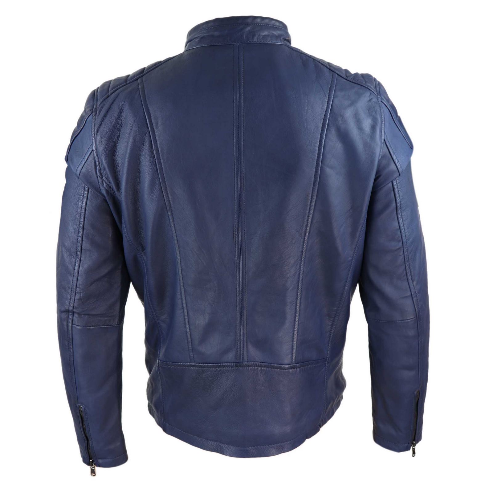 Chaqueta de motorista para hombre de cuero auténtico, corte entallado - Azul marino