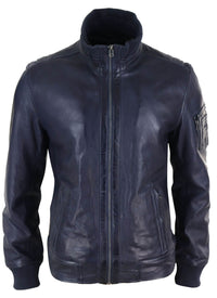 Chaqueta de cuero auténtico de otoño con cuello alto para hombre - Color azul marino
