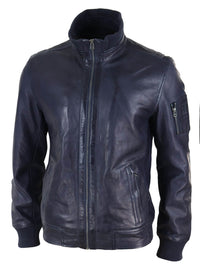 Chaqueta de cuero auténtico de otoño con cuello alto para hombre - Color azul marino