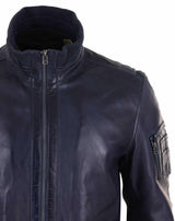Chaqueta de cuero auténtico de otoño con cuello alto para hombre - Color azul marino