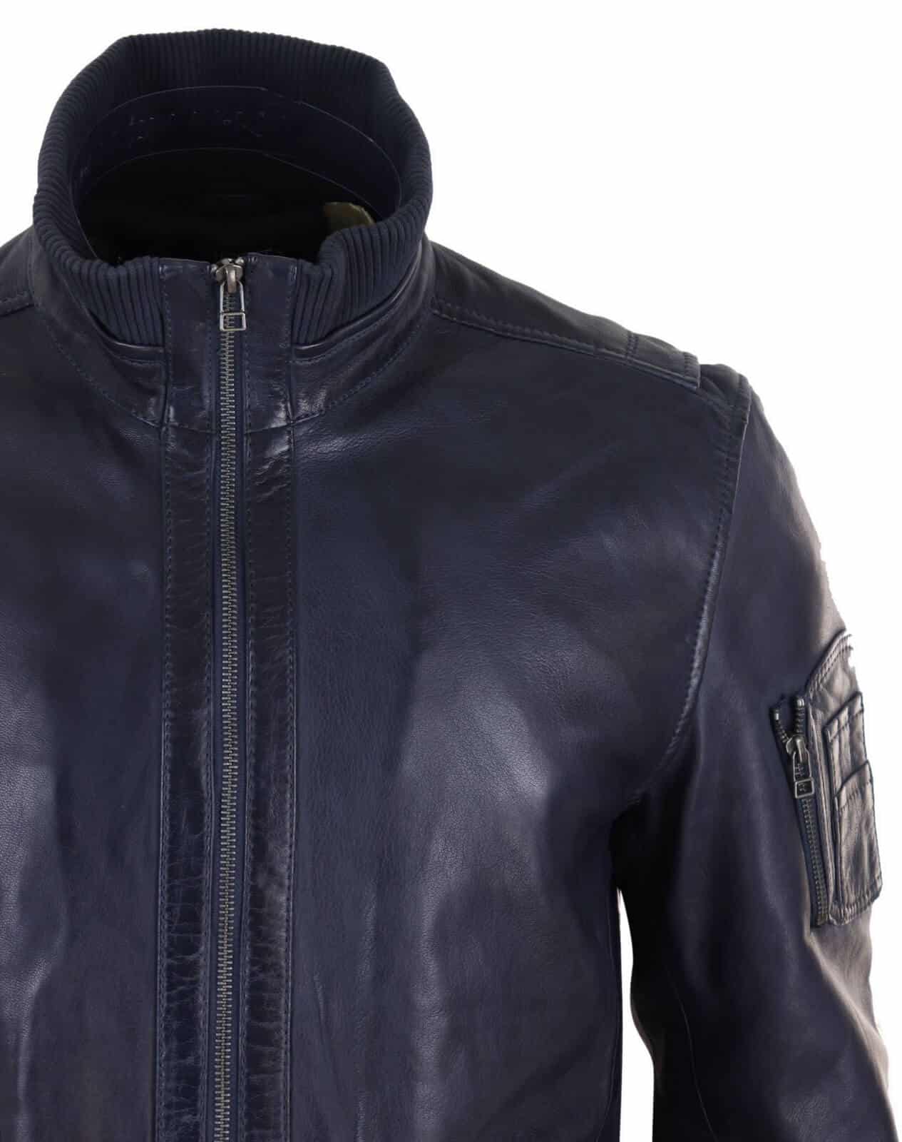 Chaqueta de cuero auténtico de otoño con cuello alto para hombre - Color azul marino