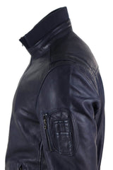 Chaqueta de cuero auténtico de otoño con cuello alto para hombre - Color azul marino