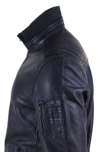 Chaqueta de cuero auténtico de otoño con cuello alto para hombre - Color azul marino