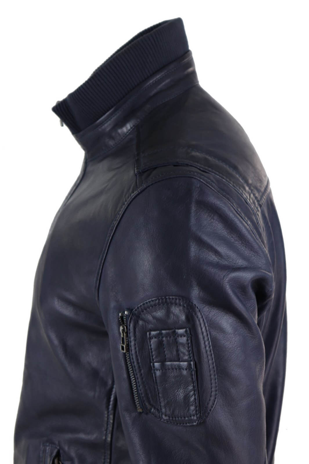 Chaqueta de cuero auténtico de otoño con cuello alto para hombre - Color azul marino