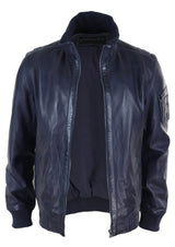 Chaqueta de cuero auténtico de otoño con cuello alto para hombre - Color azul marino