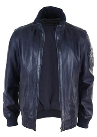 Chaqueta de cuero auténtico de otoño con cuello alto para hombre - Color azul marino