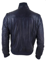 Chaqueta de cuero auténtico de otoño con cuello alto para hombre - Color azul marino