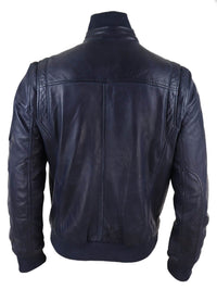 Chaqueta de cuero auténtico de otoño con cuello alto para hombre - Color azul marino