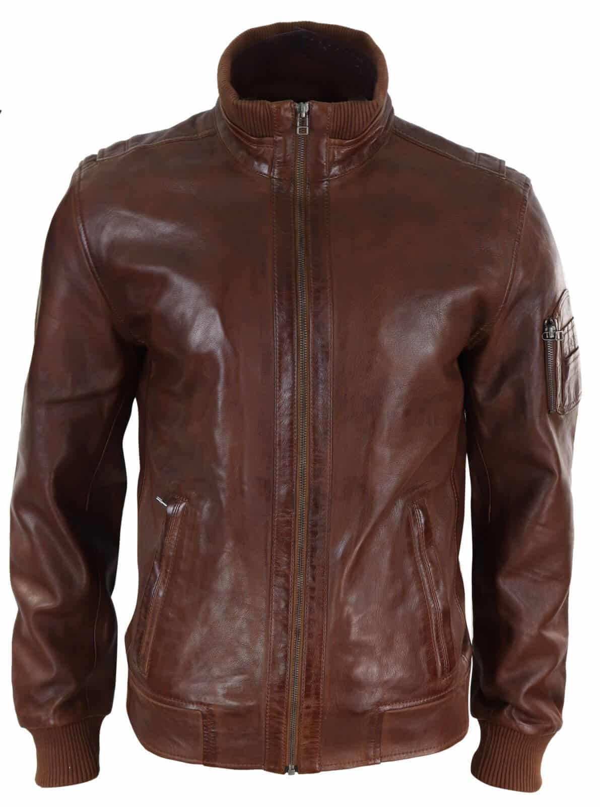 Chaqueta de cuero auténtico de otoño con cuello alto para hombre - Color madera