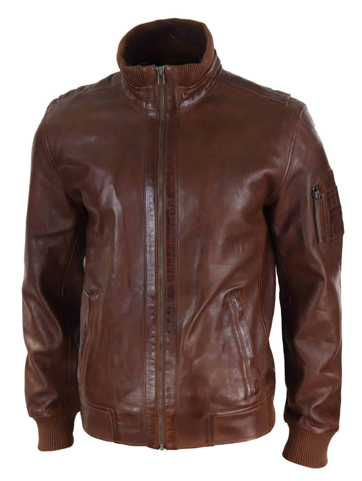 Chaqueta de cuero auténtico de otoño con cuello alto para hombre - Color madera