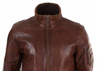 Chaqueta de cuero auténtico de otoño con cuello alto para hombre - Color madera