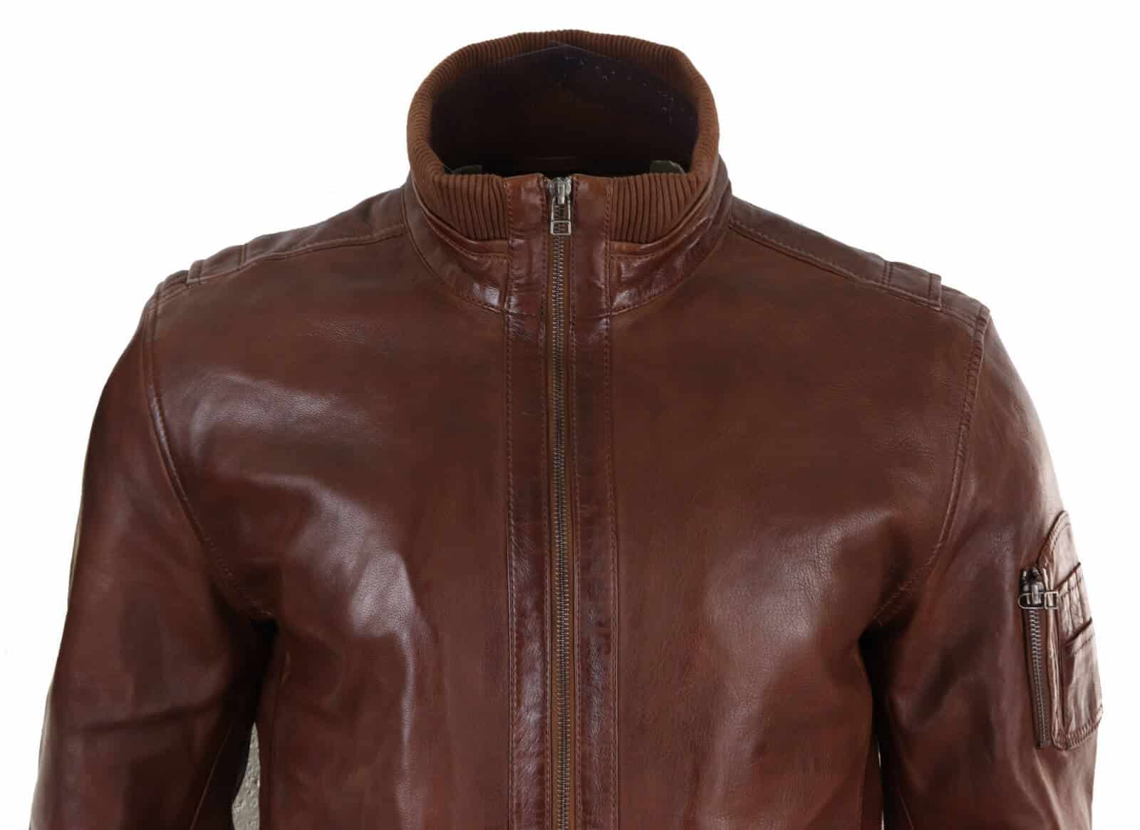 Chaqueta de cuero auténtico de otoño con cuello alto para hombre - Color madera