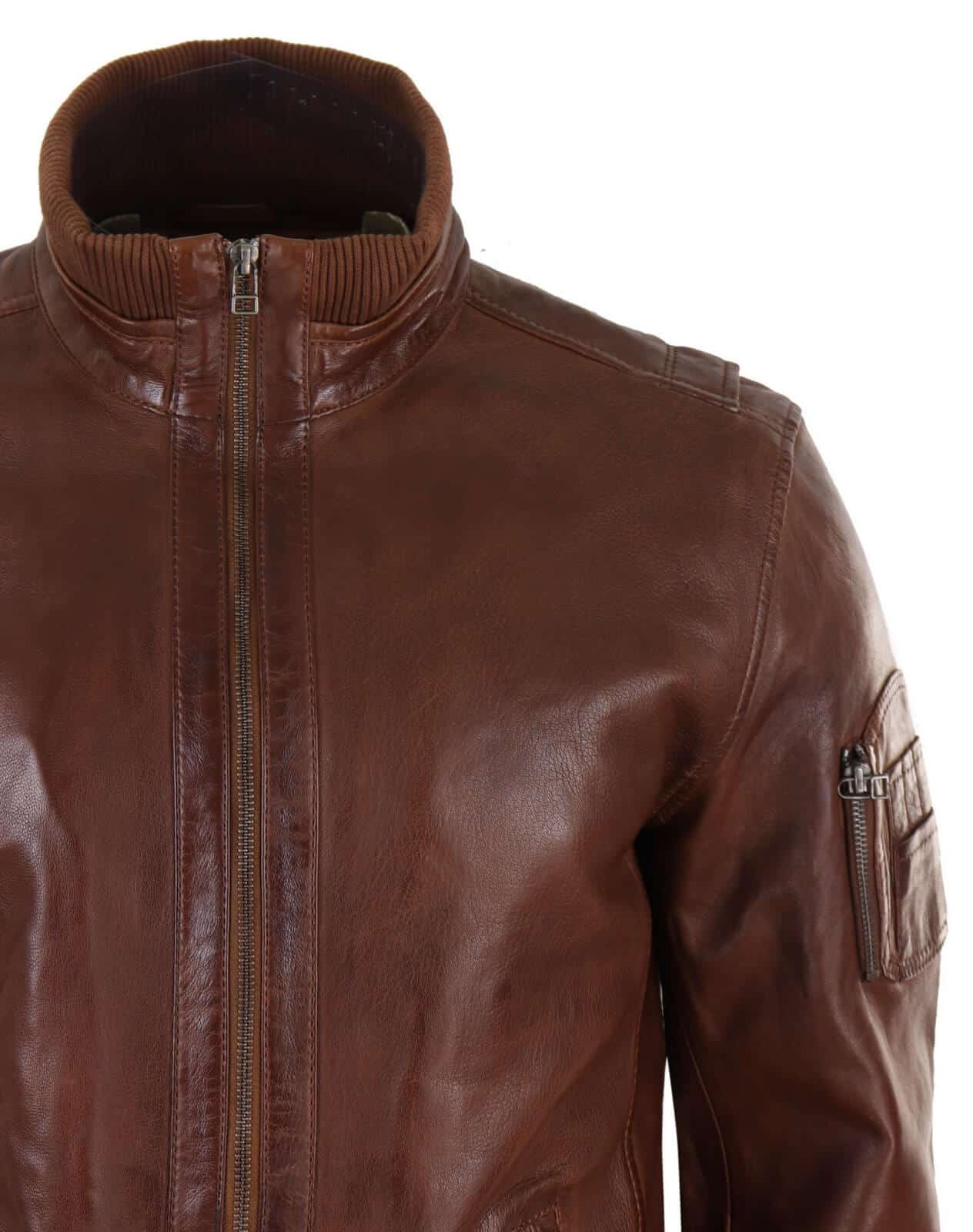 Chaqueta de cuero auténtico de otoño con cuello alto para hombre - Color madera