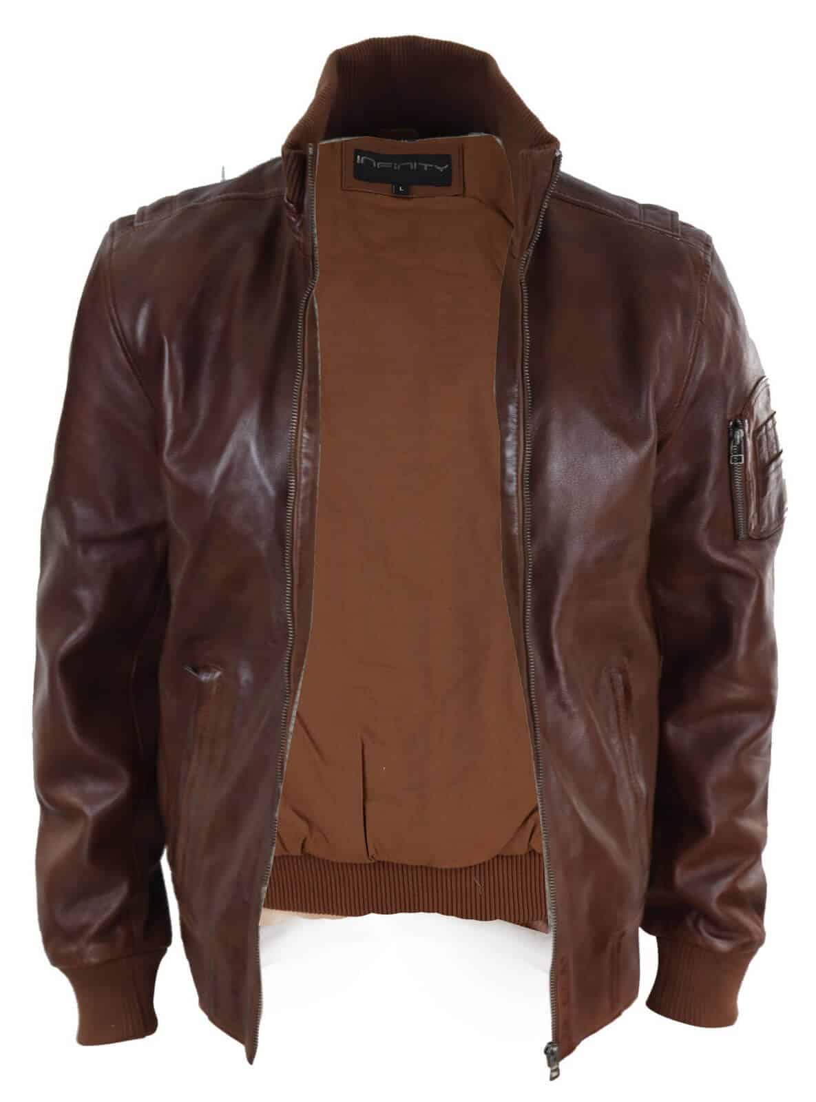 Chaqueta de cuero auténtico de otoño con cuello alto para hombre - Color madera