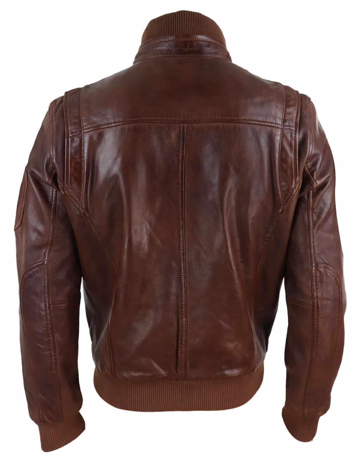 Chaqueta de cuero auténtico de otoño con cuello alto para hombre - Color madera