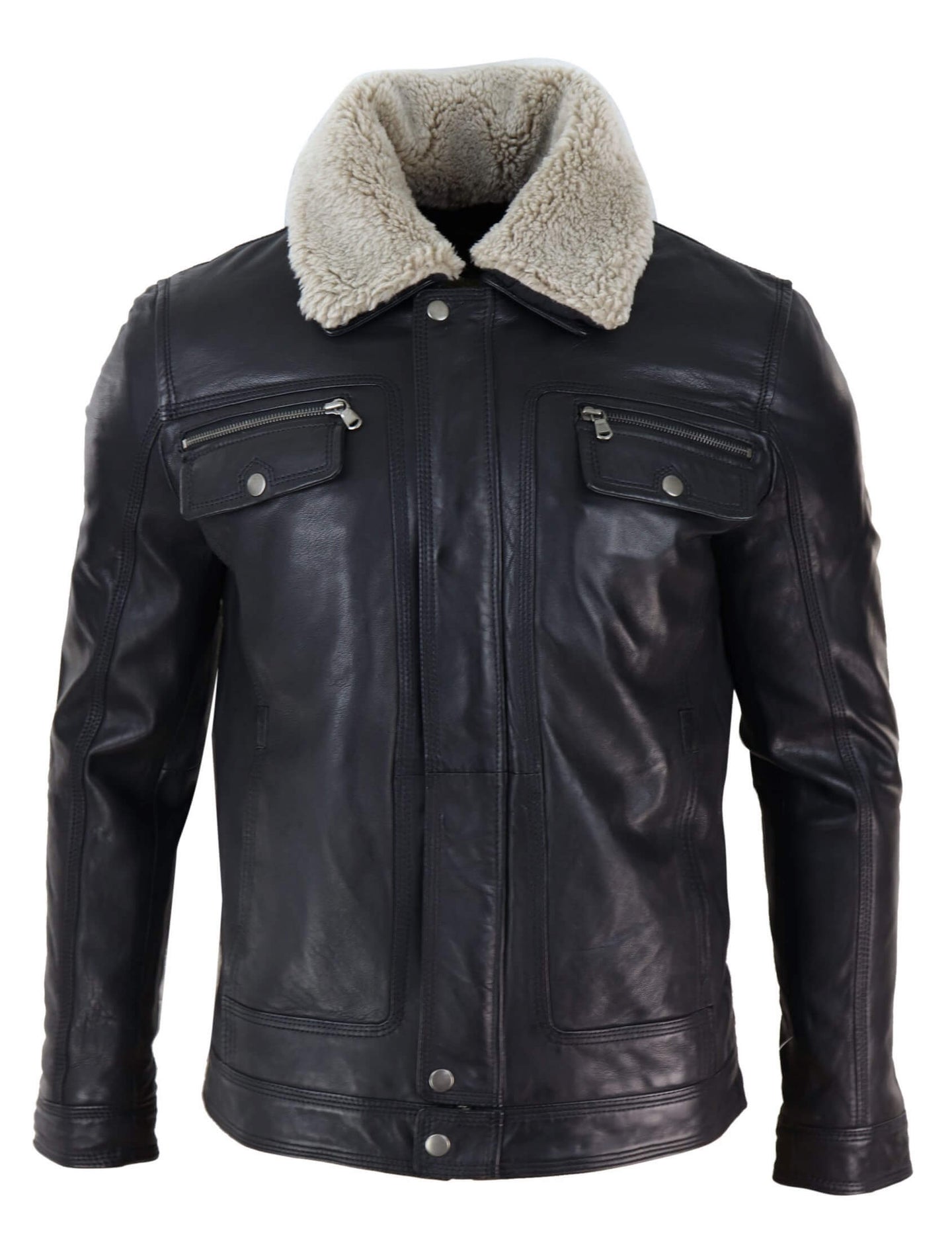 Chaqueta de hombre de cuero auténtico negro y marrón con cuello de piel de oveja y cierre de cremallera corto con botones - Negro