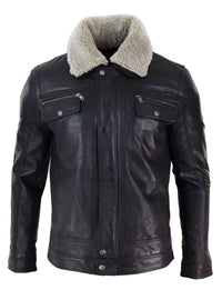 Chaqueta de hombre de cuero auténtico negro y marrón con cuello de piel de oveja y cierre de cremallera corto con botones - Negro