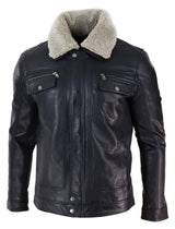 Chaqueta de hombre de cuero auténtico negro y marrón con cuello de piel de oveja y cierre de cremallera corto con botones - Negro