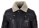 Chaqueta de hombre de cuero auténtico negro y marrón con cuello de piel de oveja y cierre de cremallera corto con botones - Negro
