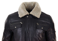 Chaqueta de hombre de cuero auténtico negro y marrón con cuello de piel de oveja y cierre de cremallera corto con botones - Negro