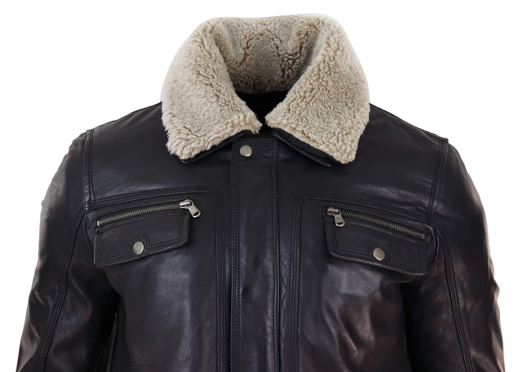 Chaqueta de hombre de cuero auténtico negro y marrón con cuello de piel de oveja y cierre de cremallera corto con botones - Negro
