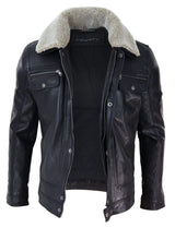 Chaqueta de hombre de cuero auténtico negro y marrón con cuello de piel de oveja y cierre de cremallera corto con botones - Negro