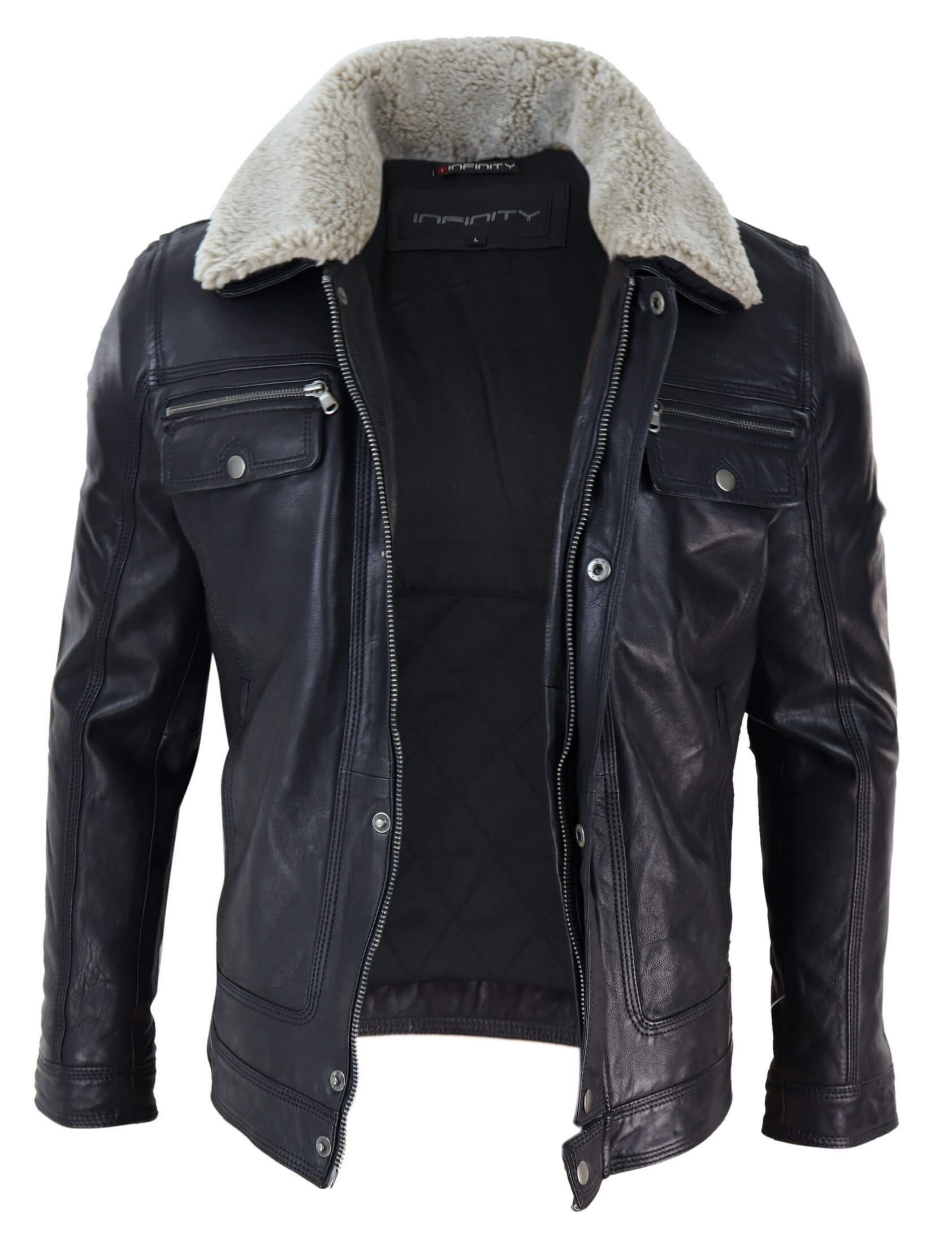 Chaqueta de hombre de cuero auténtico negro y marrón con cuello de piel de oveja y cierre de cremallera corto con botones - Negro