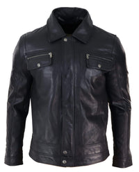 Chaqueta de hombre de cuero auténtico negro y marrón con cuello de piel de oveja y cierre de cremallera corto con botones - Negro