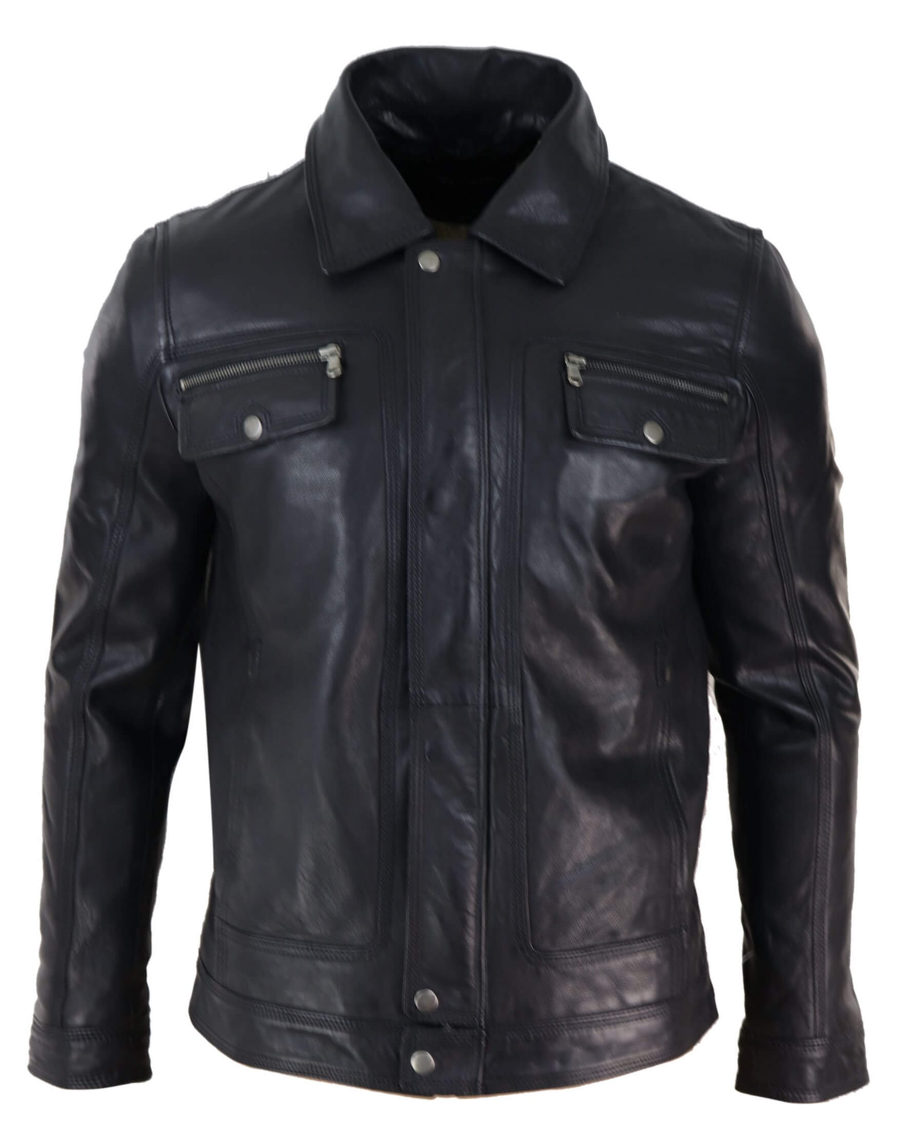 Chaqueta de hombre de cuero auténtico negro y marrón con cuello de piel de oveja y cierre de cremallera corto con botones - Negro